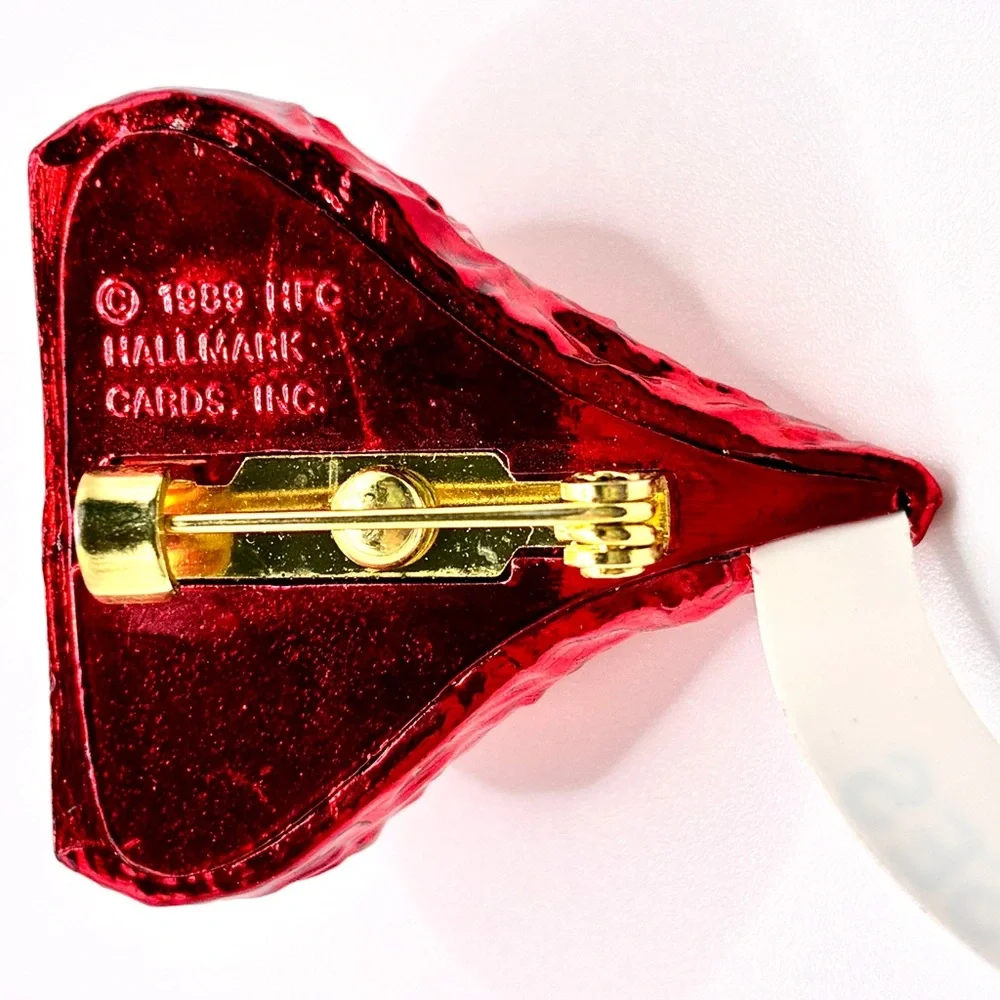Vintage SIGNED Hallmark Hersey Kiss Brooch In Red Tin Foil with Flag/Tail